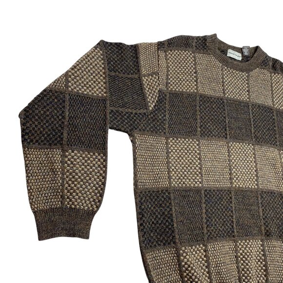 David Taylor Mens XXL Brown Pullover Sweater Knitted Checkerboard Crew Neck 90s - Picture 10 of 16